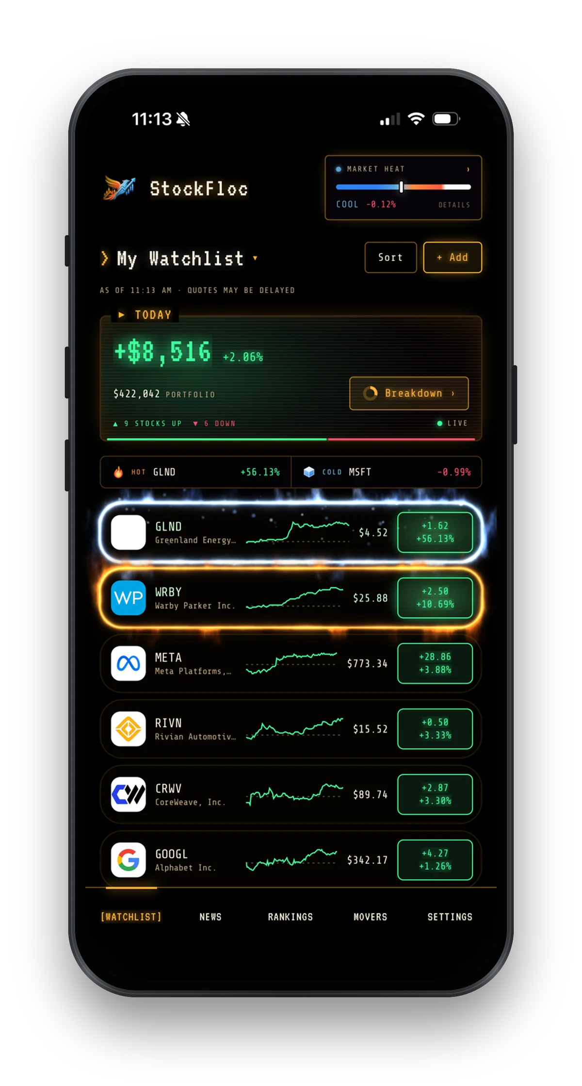 StockFloc, the most visual stock watchlist, in the Retro theme: Greenland Energy and Warby Parker on fire, company logos and sparklines on every row, and the Market Heat gauge up top